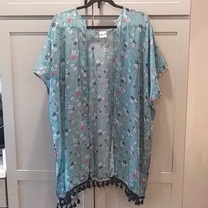 Dark Aqua Sheer Printed Kimono-style Wrap Open Front Tassel Trim| one size